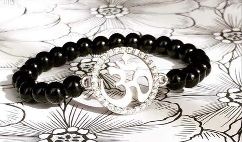 Big Gold OM with thick Black Beads Bracelet