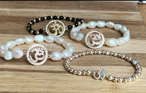 Big Gold OM with White Pearl Beads Bracelet