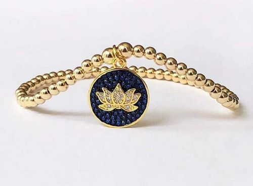 Blue Hanging Lotus with Gold Beads Bracelet