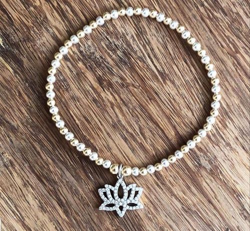 Hanging Silver CZ Lotus with Gold & Silver Beads Bracelet