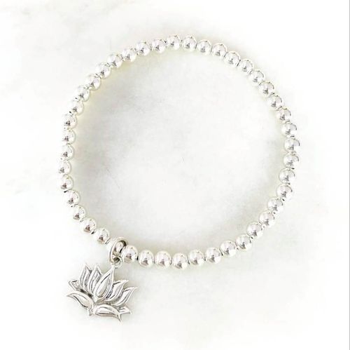 Hanging Silver Lotus with Silver Beads Bracelet