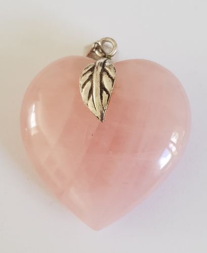 Rose Quartz Heart Pendent with Silver Leaf Design